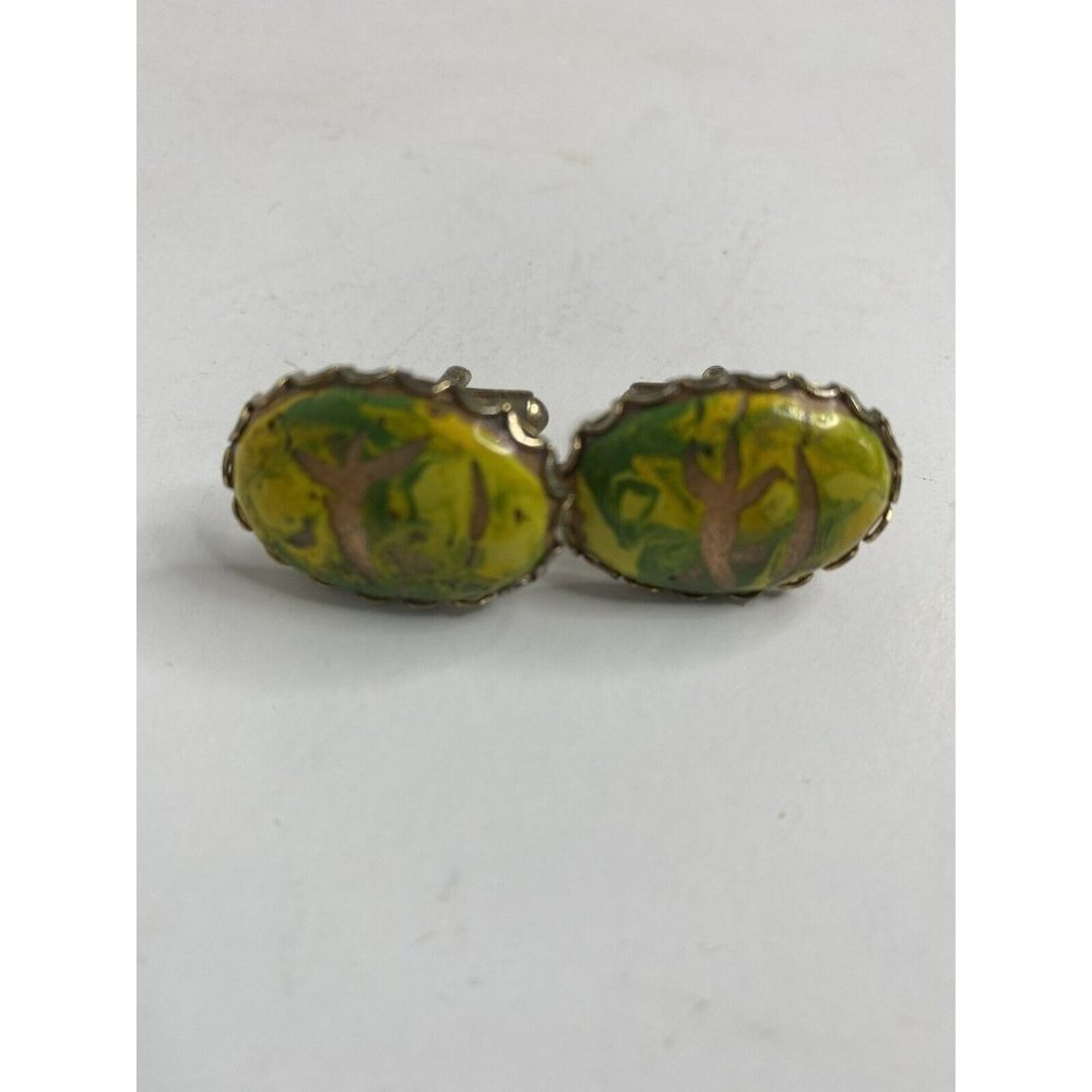 Vintage Gold tone Cuff Links Oval Abstract Art Paint Stone